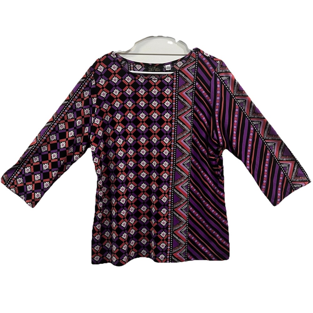 Bob Mackie Wearable Art WOMENS Tunic Top 3/4 Sleeve Size Large Purple Flower NEW